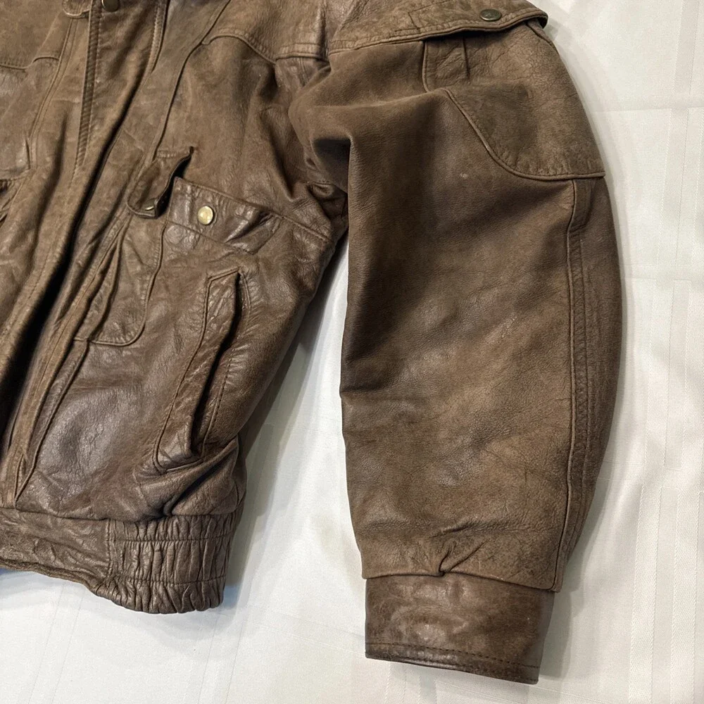 Vintage Weekends Men's Brown Leather Full-Zip Bomber Jacket Size M